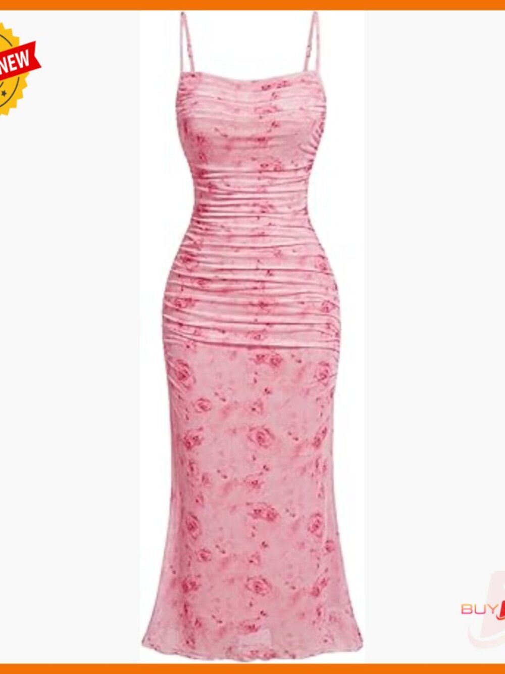 Floral Midi Dress With Spaghetti Straps Ruched Mesh Wedding Guest Cocktail